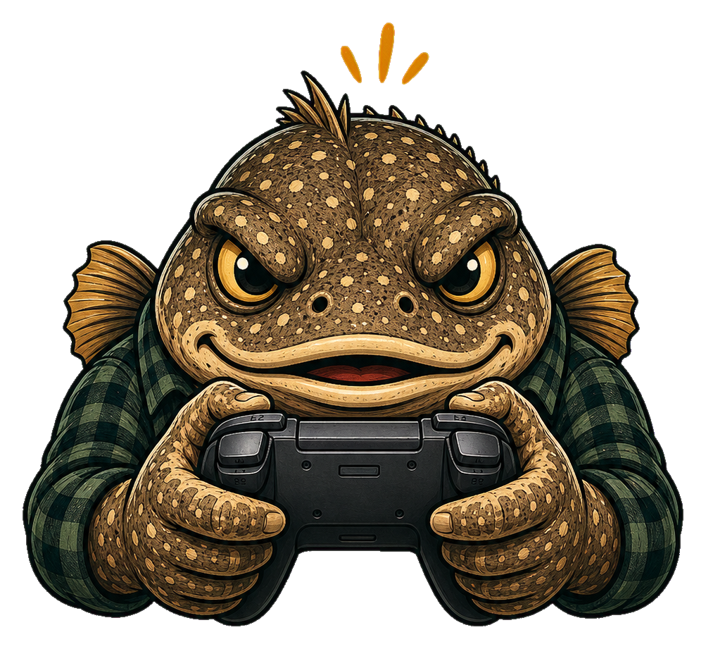 Dusky Digital angry dusky flathead mascot holding a game controller.
